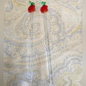 2 Vtg Glass bitten Apple Stirrer Swizzle Sticks  art glass cocktail